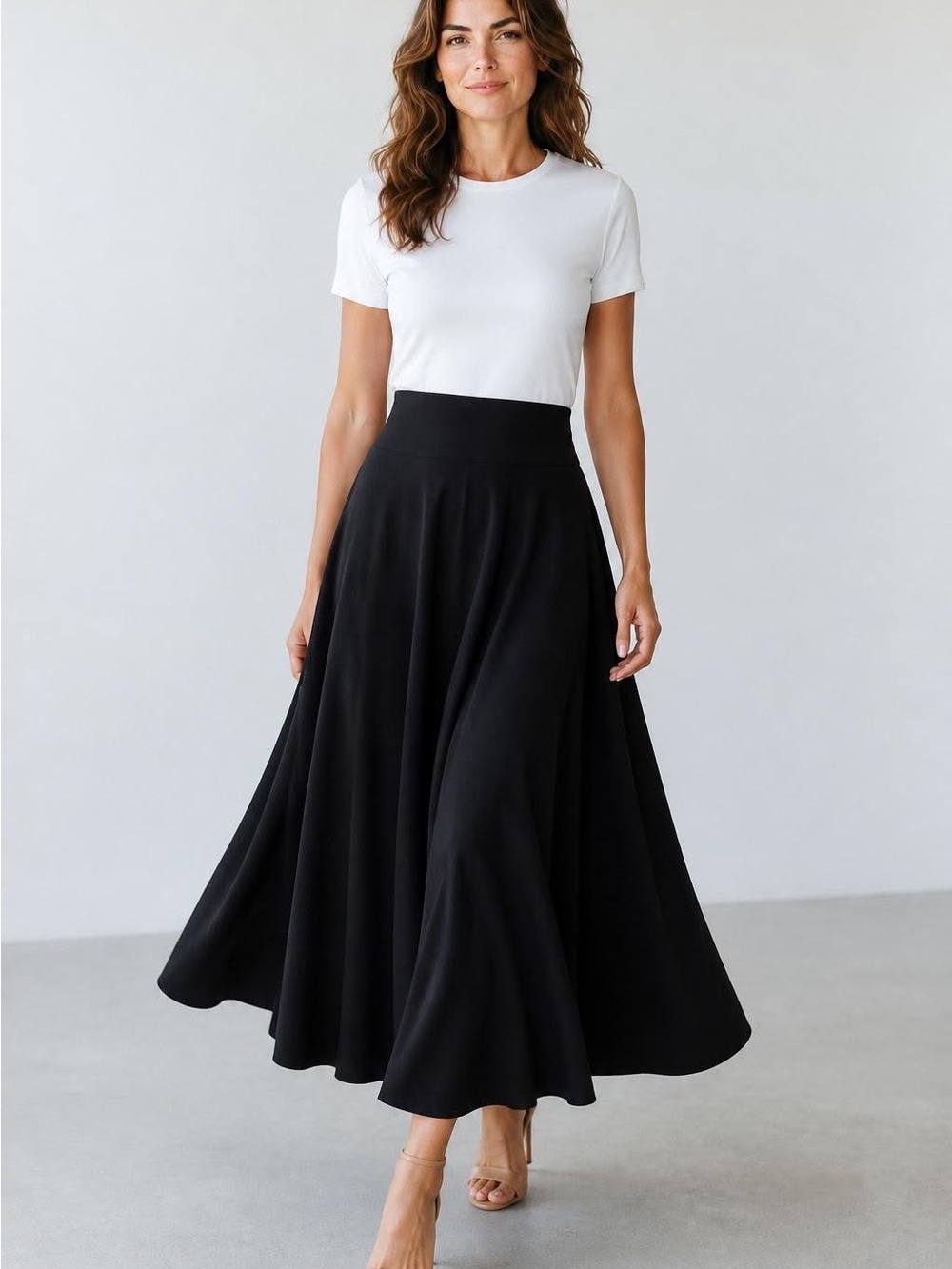 Elegant Black High-Waist Flared Maxi Skirt